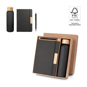 Set composto da 1 penna a sfera, 1 block note e 1 borraccia, realizzati in PET riciclato, alluminio riciclato e bambù - Egotier 93673